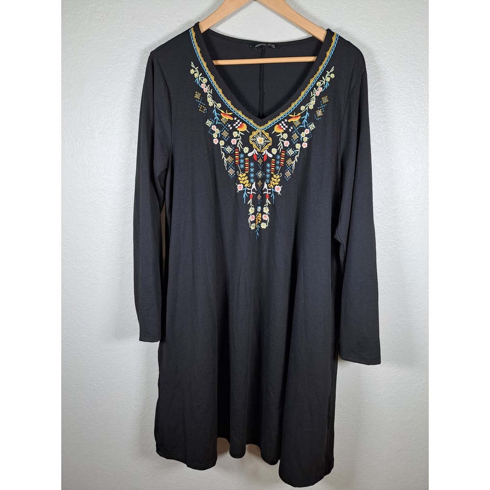 Noracora Black Embroidered V-Neck Long Sleeve Tunic Mini Dress 3XL Boho Floral